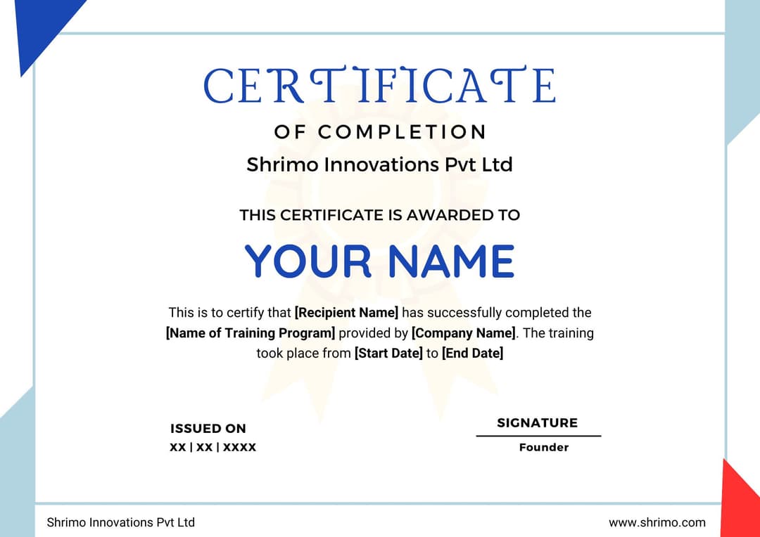 Shrimo Innovations Training Certificate Sample